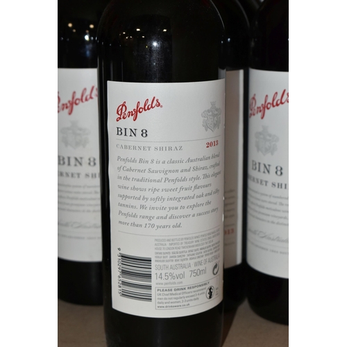 828 - WINE, Seven Bottles of PENFOLDS BIN 8 CABERNET SHIRAZ 2013 (Aus) 14.5% vol. 750ml, all seals intact