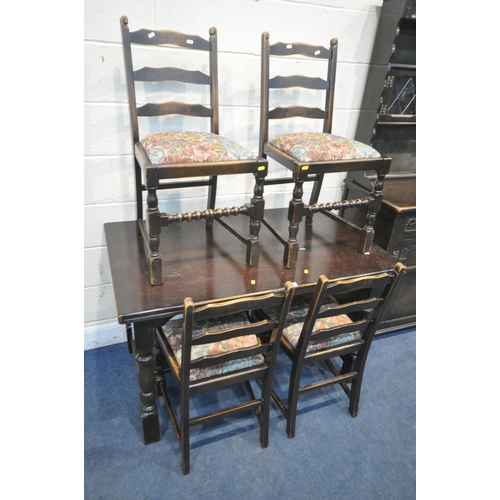 1201 - A 20TH CENTURY OAK SIX PIECE DINING SUITE, comprising a draw leaf dining table, raised on block and ... 