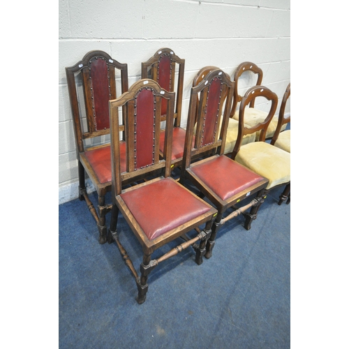 1203 - A SET OF FOUR 20TH CENTURY OAK DINING CHAIRS, with an arched crest, oxblood leatherette upholstery, ... 