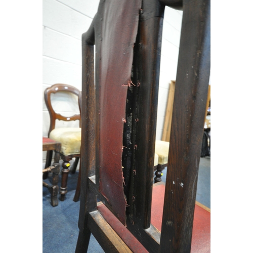 1203 - A SET OF FOUR 20TH CENTURY OAK DINING CHAIRS, with an arched crest, oxblood leatherette upholstery, ... 