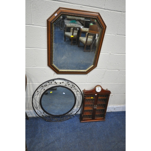 1204 - TWO 20TH CENTURY WHEEL BACK CHAIRS, a bevelled edge wall mirror, a circular wall mirror and a small ... 