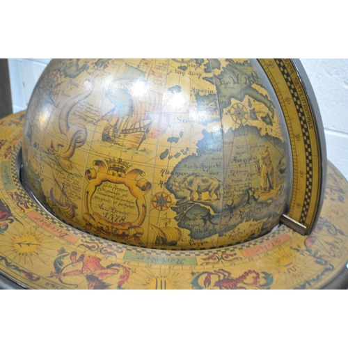 1207 - A 20TH CENTURY DRINKS GLOBE, with a hinged lid, enclosing a fitted interior, raised on spiral suppor... 