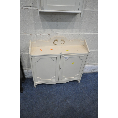 1211 - A CREAM PAINTED WALL HANGING DOUBLE DOOR CABINET, width 58cm x depth 17cm x height 57cm, a smaller s... 