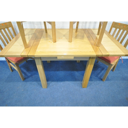 1213 - A MODERN LIGHT OAK DRAW LEAF DINING TABLE, open width 160cm x 90cm squared x height 78cm, along with... 