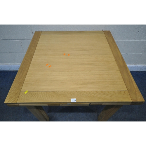 1213 - A MODERN LIGHT OAK DRAW LEAF DINING TABLE, open width 160cm x 90cm squared x height 78cm, along with... 