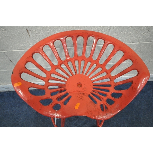 1217 - A RED PAINTED REPRODUCTION CAST ALUMINIUM TRACTOR SEAT STOOL, with swivel height adjusting seat, max... 