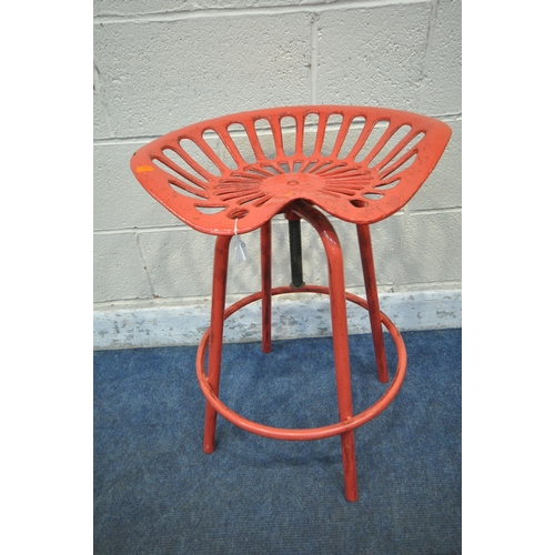 1217 - A RED PAINTED REPRODUCTION CAST ALUMINIUM TRACTOR SEAT STOOL, with swivel height adjusting seat, max... 