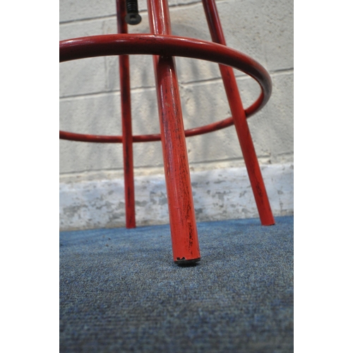 1217 - A RED PAINTED REPRODUCTION CAST ALUMINIUM TRACTOR SEAT STOOL, with swivel height adjusting seat, max... 