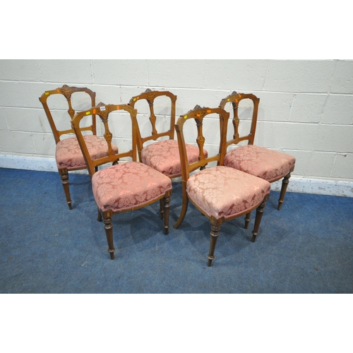 1224 - A SET OF FIVE EDWARDIAN WALNUT AND INLAID DINING CHAIRS, with foliate crest, shaped back rest, pink ... 