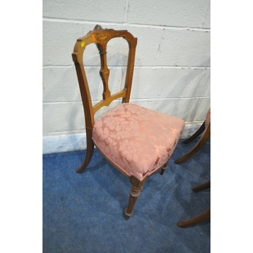 1224 - A SET OF FIVE EDWARDIAN WALNUT AND INLAID DINING CHAIRS, with foliate crest, shaped back rest, pink ... 