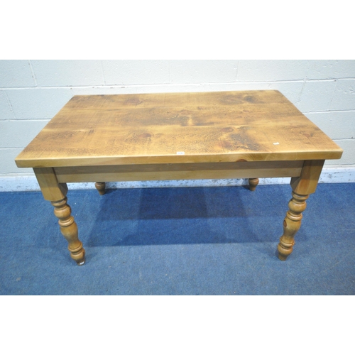 1227 - A 20TH CENTURY PINE RECTANGULAR FARMHOUSE STYLE TABLE, raised on turned legs, width 140cm x depth 88... 