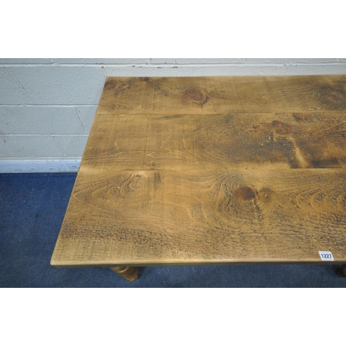 1227 - A 20TH CENTURY PINE RECTANGULAR FARMHOUSE STYLE TABLE, raised on turned legs, width 140cm x depth 88... 