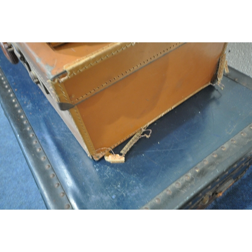 1228 - A BLUE RECTANGULAR TRAVELING TRUNK, width 93cm x depth 53cm x height 35cm, two leather cases, a wood... 