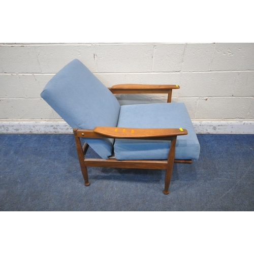 1229 - GUY ROGERS, A MID CENTURY TEAK 'MANHATTAN' THREE PIECE SUITE, covered with blue fabric, comprising a... 