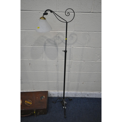 1234 - A WROUGHT IRON TELESCOPIC STANDARD LAMP, a 20th century oak clock and a leather case (condition repo... 