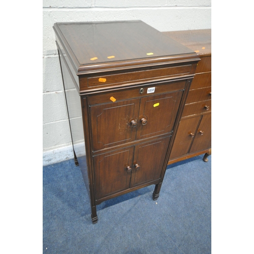 1237 - A 20TH CENTURY 'HIS MASTERS VOICE' GRAMOPHONE CABINET, with a hinged lid and four doors, width 48cm ... 