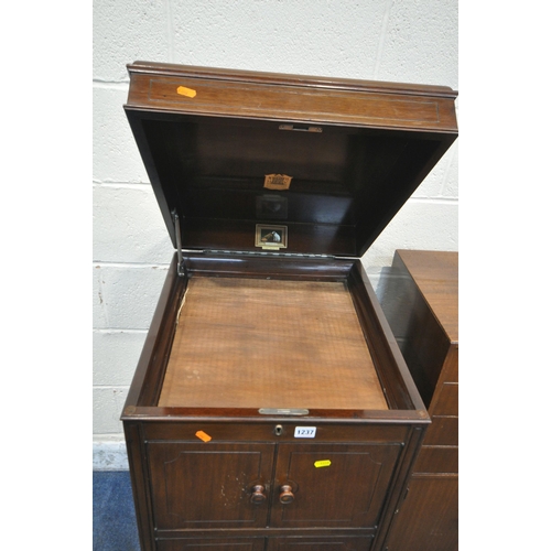 1237 - A 20TH CENTURY 'HIS MASTERS VOICE' GRAMOPHONE CABINET, with a hinged lid and four doors, width 48cm ... 