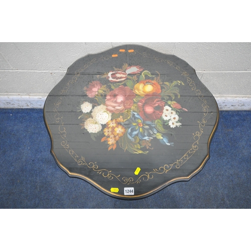 1244 - A BLACK PAINTED TRIPOD TABLE, with floral decorated top, diameter 70cm x height 61cm (condition repo... 