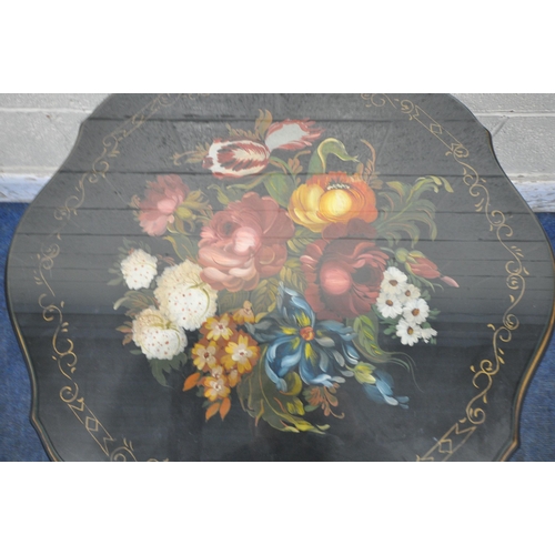 1244 - A BLACK PAINTED TRIPOD TABLE, with floral decorated top, diameter 70cm x height 61cm (condition repo... 