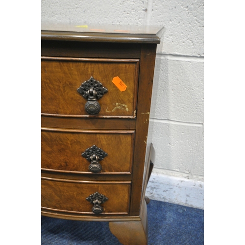 1245 - TWO BURR WALNUT BOW FRONT THREE DRAWER BEDSIDE CHESTS, raised on cabriole legs, largest width 53cm x... 