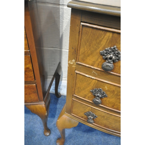 1245 - TWO BURR WALNUT BOW FRONT THREE DRAWER BEDSIDE CHESTS, raised on cabriole legs, largest width 53cm x... 