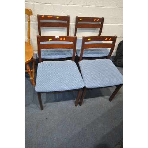 1266 - A SET OF FOUR MID CENTURY TEAK DINING CHARIS, with blue patterned upholstery, a set of three pine ch... 