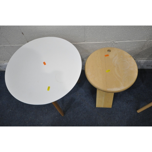 1280 - TWO SIMILAR WHITE TRIPOD TABLES, one with a raised gallery, along with a beech folding stool (condit... 