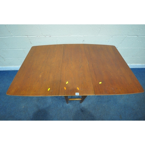 1283 - A MID CENTURY TEAK DROP LEAF DINING TABLE, open width 138cm x closed width 37cm x depth 83cm x heigh... 