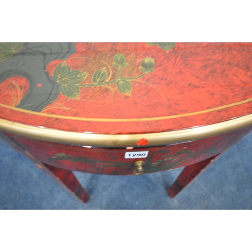 1290 - A RED LACQUERED CHINESE DEMI-LUNE SIDE TABLE, with floral chinoiserie decoration, a single frieze dr... 