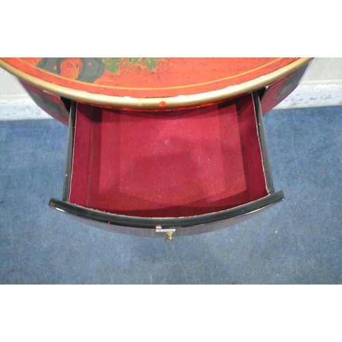 1290 - A RED LACQUERED CHINESE DEMI-LUNE SIDE TABLE, with floral chinoiserie decoration, a single frieze dr... 