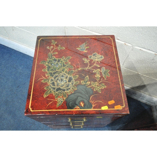 1291 - A PAIR OF RED LACQUERED CHINESE THREE DRAWER CABINETS, with floral chinoiserie decoration, 41cm squa... 