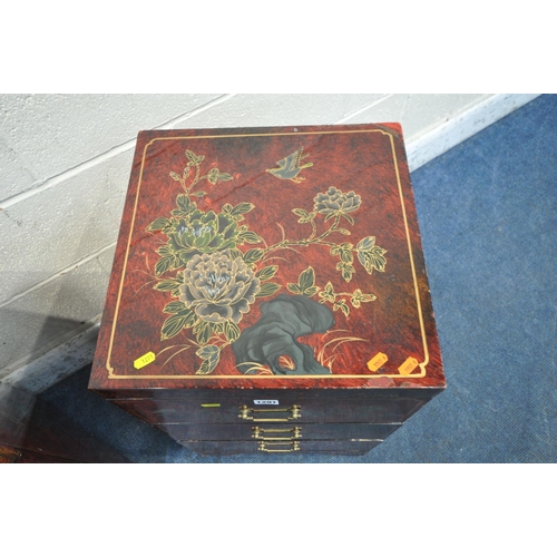 1291 - A PAIR OF RED LACQUERED CHINESE THREE DRAWER CABINETS, with floral chinoiserie decoration, 41cm squa... 