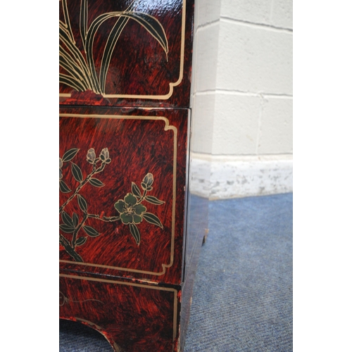 1291 - A PAIR OF RED LACQUERED CHINESE THREE DRAWER CABINETS, with floral chinoiserie decoration, 41cm squa... 