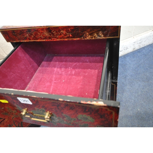 1291 - A PAIR OF RED LACQUERED CHINESE THREE DRAWER CABINETS, with floral chinoiserie decoration, 41cm squa... 