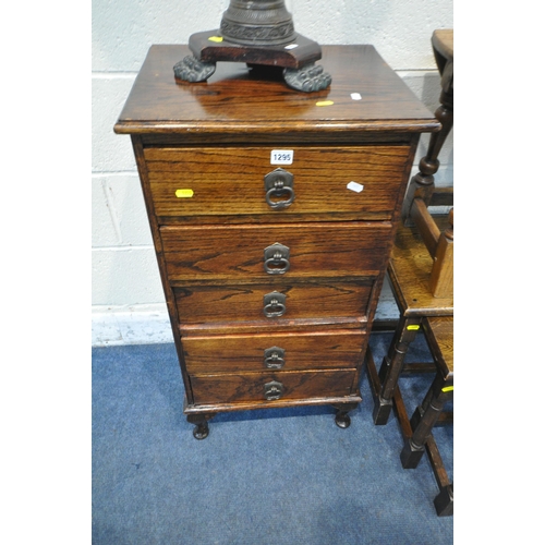 1295 - A 20TH CENTURY OAK CHEST OF FIVE DRAWERS, raised on cabriole legs, width 46cm x depth 37cm x height ... 