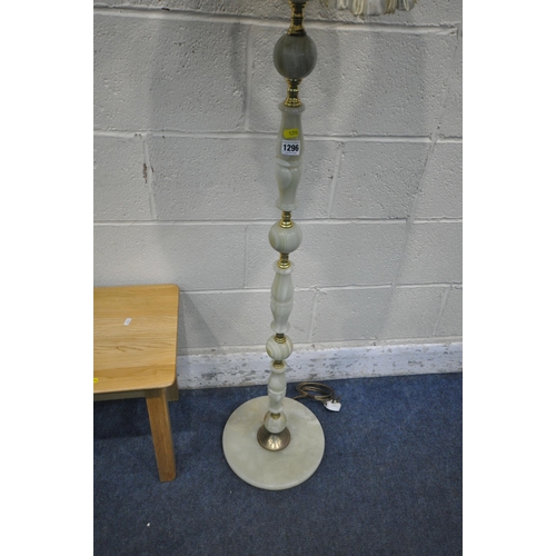 1296 - A BRASS AND ONYX STANDARD LAMP, height to fitting 140cm, a light oak lamp table, along with a rectan... 