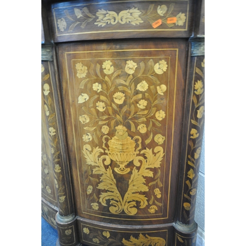 1299 - A 19TH CENTURY DUTCH MAHOGANY AND MARQUETRY INLAID DEMI-LUNE MARBLE TOP COMMODE, featuring foliate, ... 