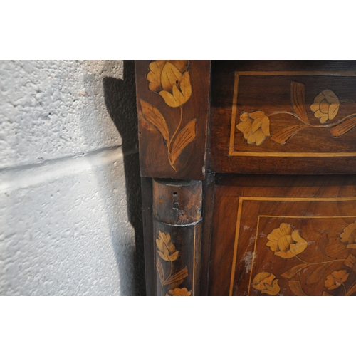 1299 - A 19TH CENTURY DUTCH MAHOGANY AND MARQUETRY INLAID DEMI-LUNE MARBLE TOP COMMODE, featuring foliate, ... 