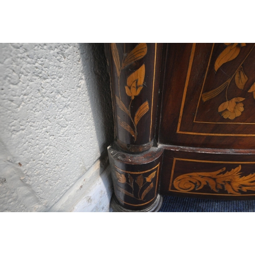 1299 - A 19TH CENTURY DUTCH MAHOGANY AND MARQUETRY INLAID DEMI-LUNE MARBLE TOP COMMODE, featuring foliate, ... 