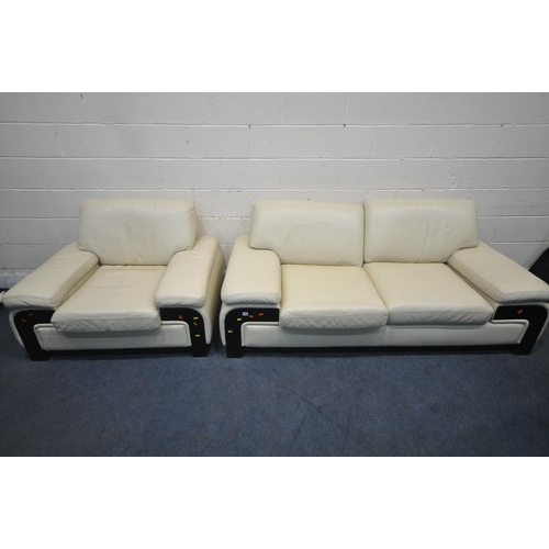 1305 - FERRARI DIVANI, AN ITALIAN CREAM LEATHER UPHOLSTERED TWO PIECE LOUNGE SUITE, comprising a two seater... 