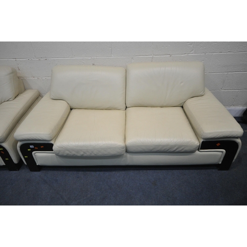 1305 - FERRARI DIVANI, AN ITALIAN CREAM LEATHER UPHOLSTERED TWO PIECE LOUNGE SUITE, comprising a two seater... 