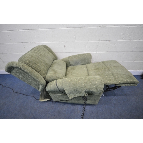 1307 - A GREEN UPHOLSTERED RISE AND RECLINE ARMCHAIR, width 90cm x depth 88cm x height 103cm (condition rep... 