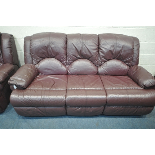 1308 - A PLUM LEATHER UPHOLSTERED THREE PIECE LOUNGE SUITE, comprising a three seater sofa, length 203cm x ... 