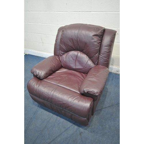 1308 - A PLUM LEATHER UPHOLSTERED THREE PIECE LOUNGE SUITE, comprising a three seater sofa, length 203cm x ... 