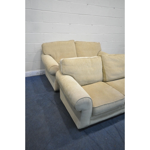 1310 - A PAIR OF BEIGE UPHOLSTERED TWO SEATER SOFAS, length 180cm x depth 94cm x height 84cm (condition rep... 