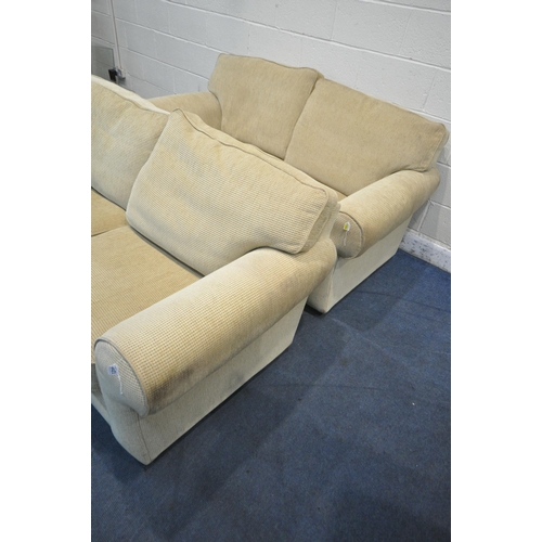 1310 - A PAIR OF BEIGE UPHOLSTERED TWO SEATER SOFAS, length 180cm x depth 94cm x height 84cm (condition rep... 