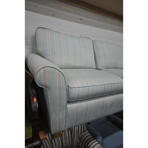 1313 - A BLUE AND STRIPPED UPHOLSTERED TWO SEATER SOFA, length 202cm x depth 90cm x height 95cm (condition ... 