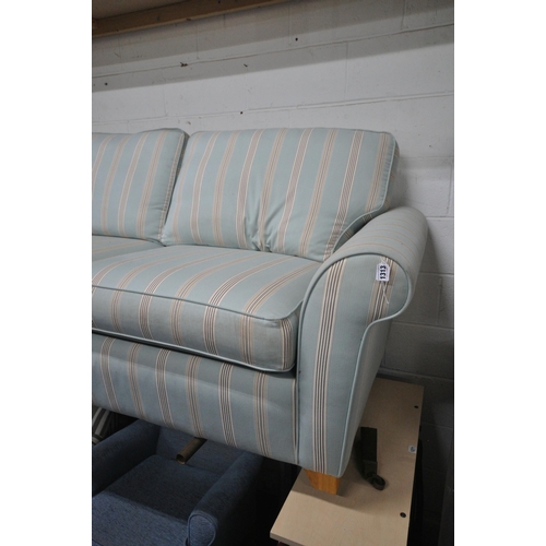 1313 - A BLUE AND STRIPPED UPHOLSTERED TWO SEATER SOFA, length 202cm x depth 90cm x height 95cm (condition ... 