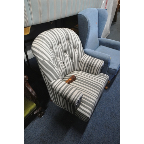 1314 - AN ART FORMA STRIPPED BUTTON BACK CHAIR, along with a blue wing back armchair (condition report: one... 