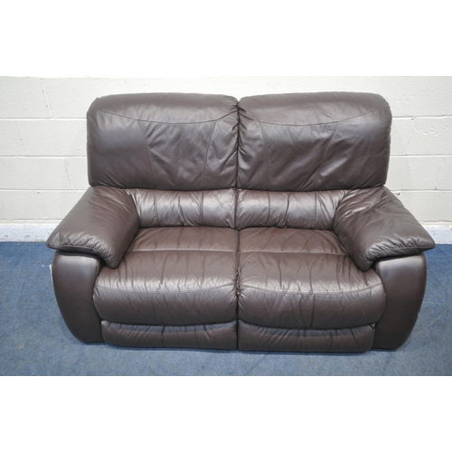 1319 - A BROWN LEATHER UPHOLSTERED TWO SEATER SOFA, length 162cm x depth 91cm x height 97cm (condition repo... 